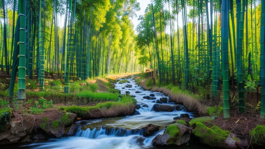 竹林溪流與花卉 大自然的寧?kù)o與和諧